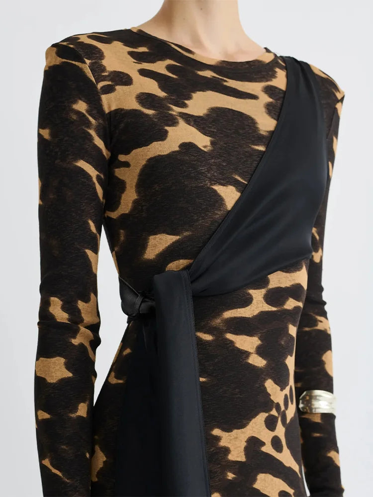 Leopard print dress with a black drape detail