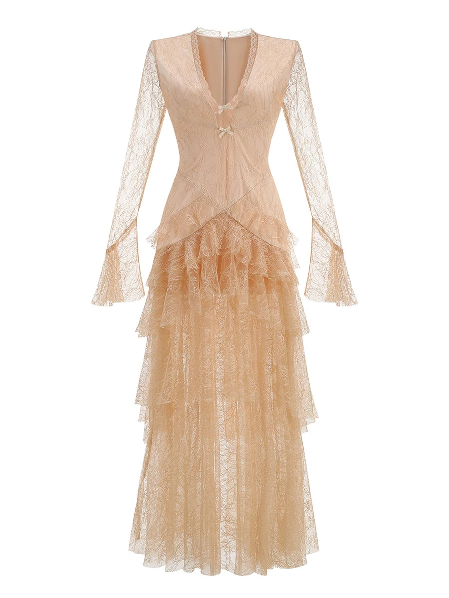 Apricot colored long sleeve lace maxi dress with V-neck and ruffle skirt
