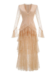 Apricot colored long sleeve lace maxi dress with V-neck and ruffle skirt