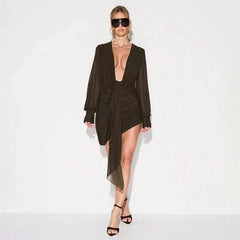 Draped Plunge Neck Long-Sleeve Mini Dress