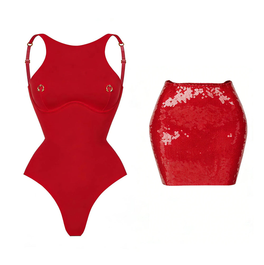 Red sequin bikini and skirt swimwear set.