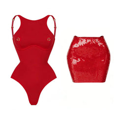 Red sequin bikini and skirt swimwear set.