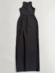 Black sleeveless dress on a light gray background