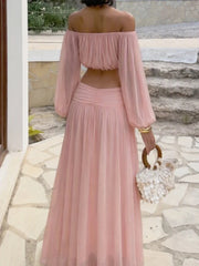 Off-Shoulder Chiffon Crop Top and Maxi Skirt