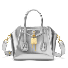 Metallic Structured Lock Satchel Bag