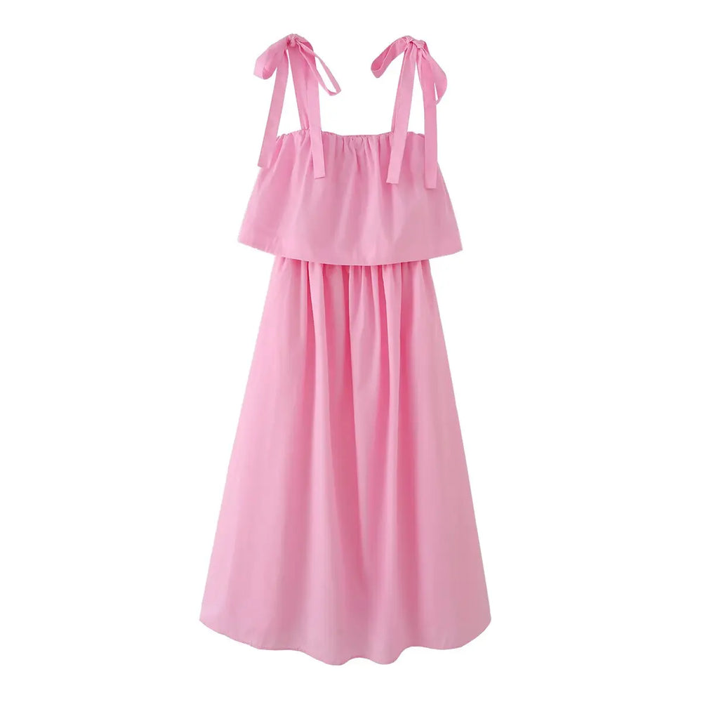 Pink bow tie strap midi dress front view