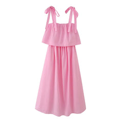 Pink bow tie strap midi dress front view