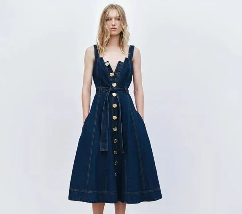 Denim midi dress with button front and shoulder straps