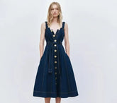 Denim midi dress with button front and shoulder straps