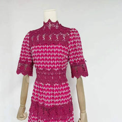 Close-up of lace mock neck short sleeve midi dress neckline