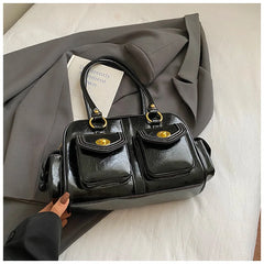 Microfiber Leather Vintage Pocket Satchel – Black & Burgundy