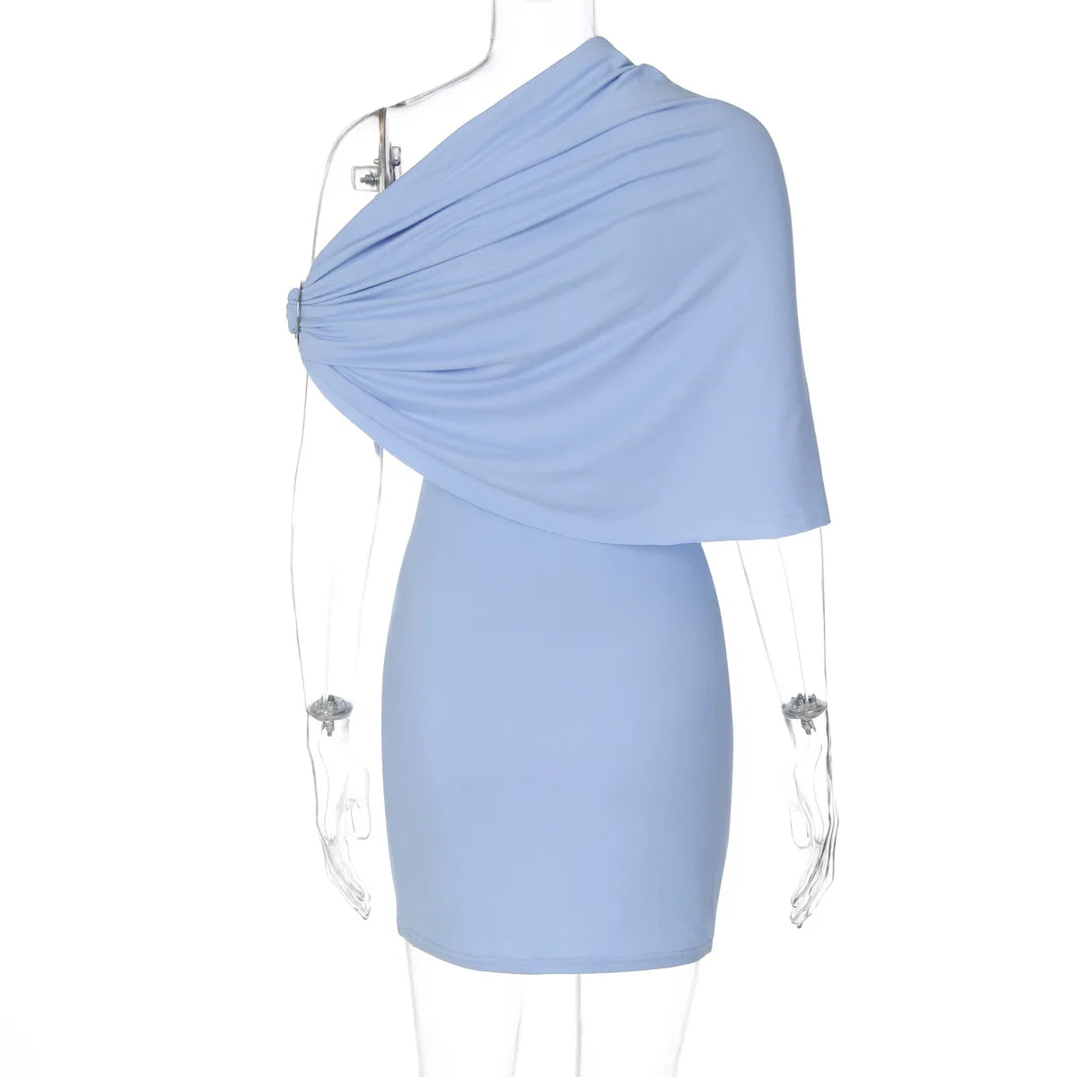 Light blue one-shoulder dress on a mannequin against a white background
