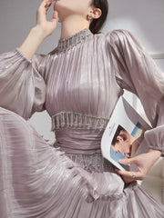 High Neck Pleated Midi Dress with Beaded Waist Detail