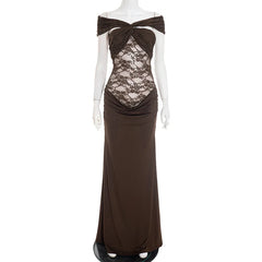 Brown evening gown with lace detailing on a mannequin against a white background
