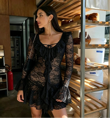 Long Sleeve Sheer Lace Ruffle Mini Dress