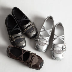 Collection of buckled Mary Jane flat shoes in dark brown, gunmetal, and silver