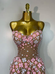 Diamond Appliqued Flower See Through Mini Dress