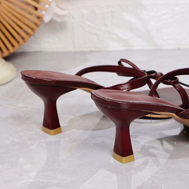 Maroon high-heeled shoes with gold toes on a light gray background