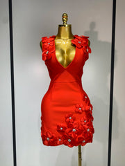 Red crystal flower v-neck sleeveless gown