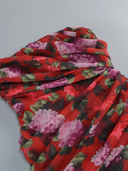 Strapless Red Floral Ruched Side Split Maxi Dress