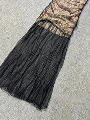 Black Lace Mesh Bodycon Gown with Sheer Overlay