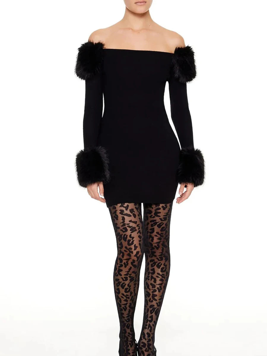 black off-shoulder mini dress with fur neckline and cuffs
