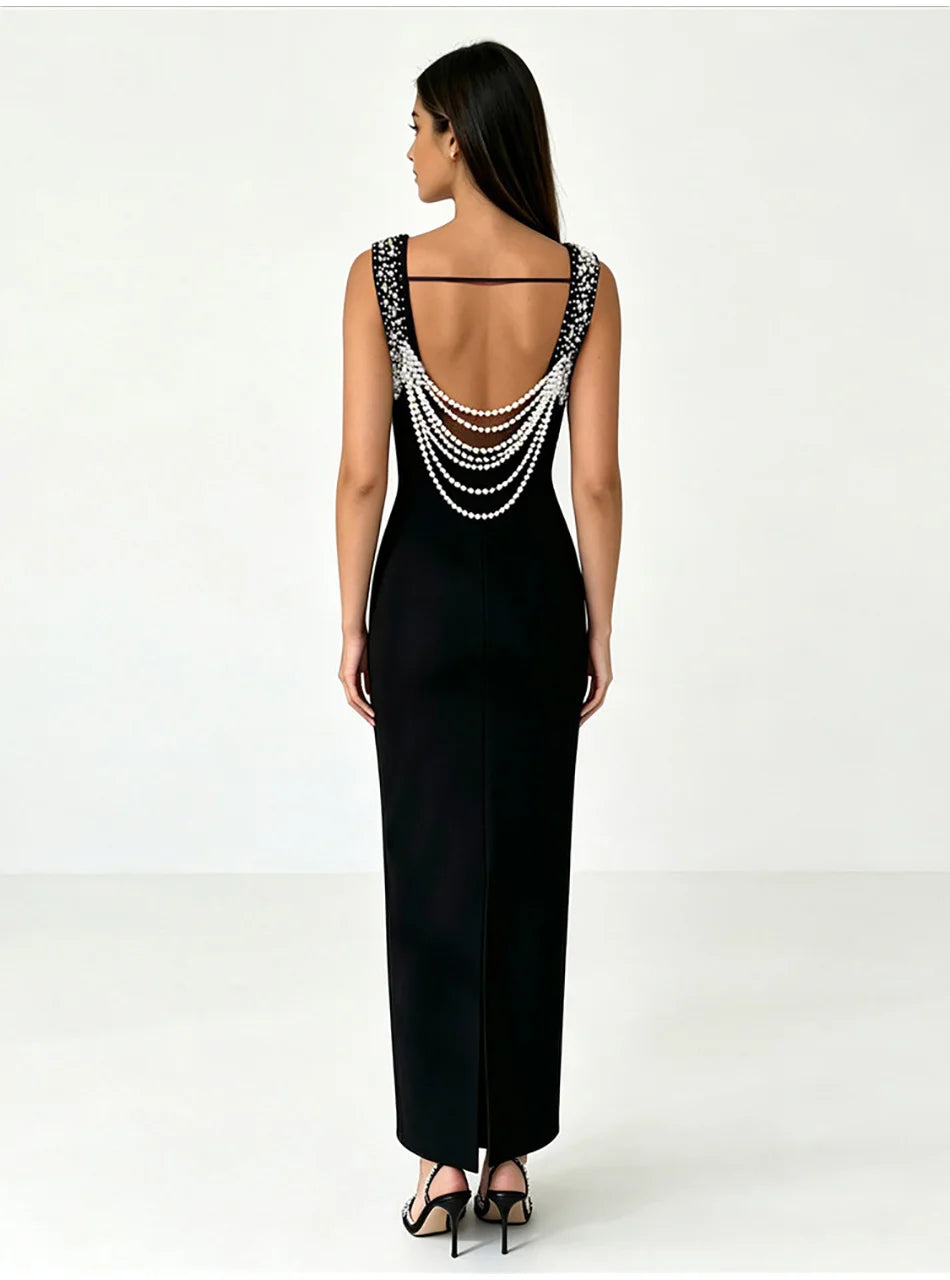 Black sleeveless maxi dress with pearl chain back detail