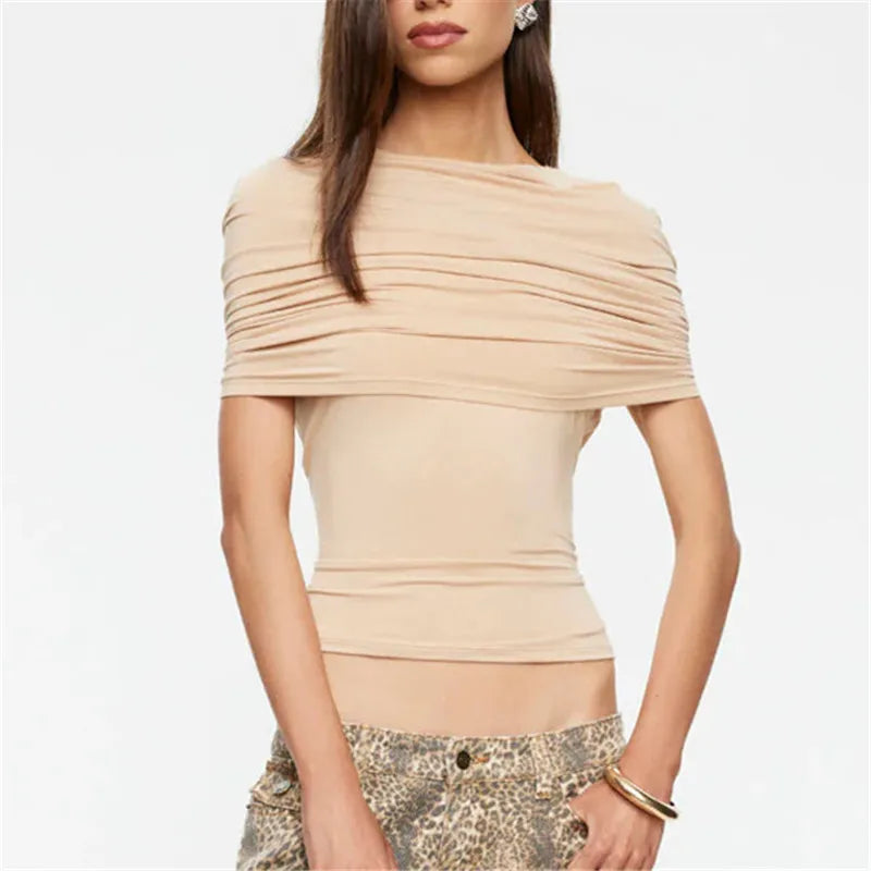 Back view of beige ruched cape sleeve crop top