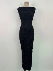 Pleated Cape Long Dress with Sculpted Sheath Silhouette