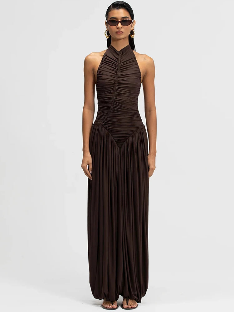 Brown ruched halter top and palazzo pants set