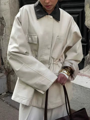Drawstring waist utility jacket with black collar