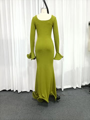Green Ribbed Ruffled Hem Sleeves Maxi Dress