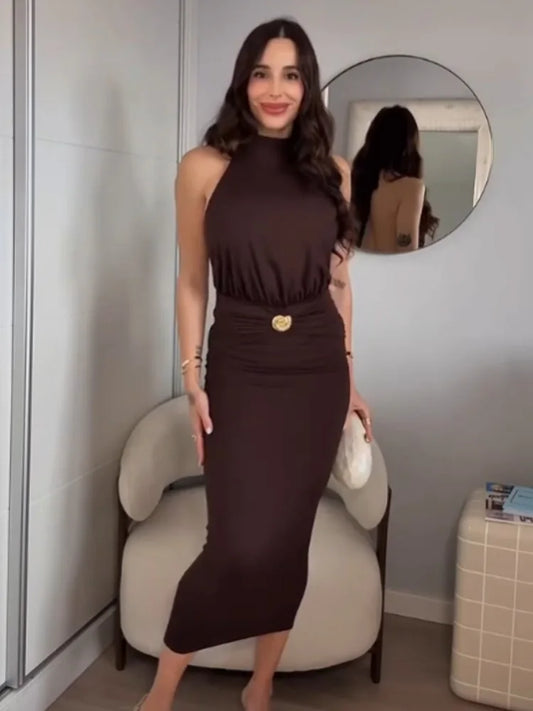 High Neck Collar Tie Up Shell Maxi Dress