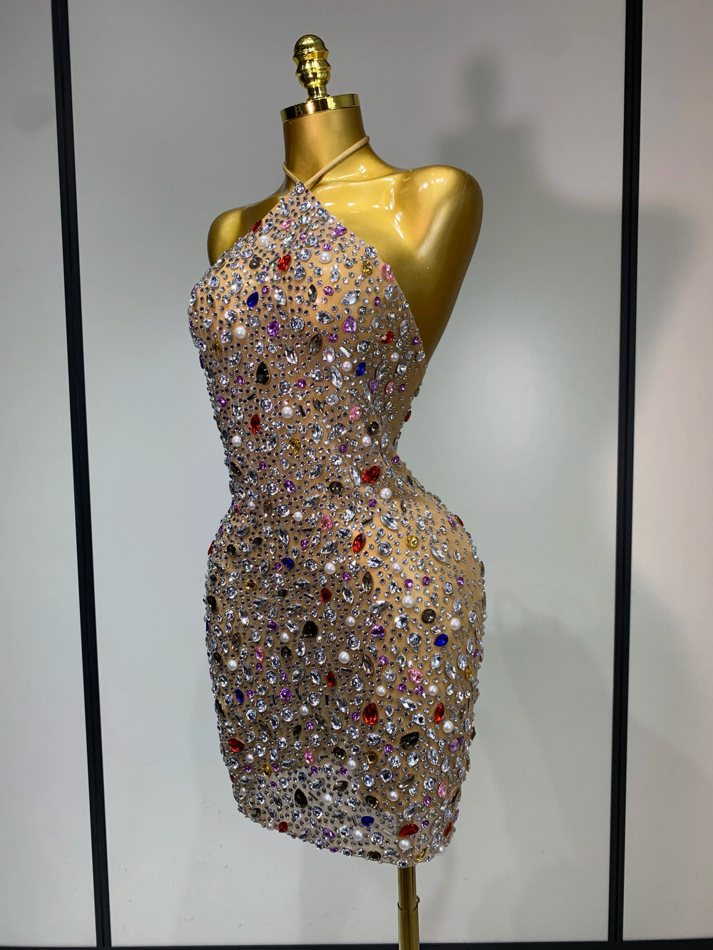 Halter neck sleeveless mini crystal embellished mesh dress side view
