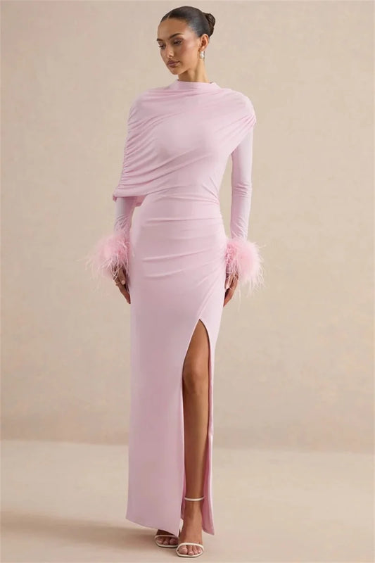 Pink draped feather cuff maxi dress