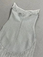 Silver Strapless Crystal Beaded Tassel Maxi Dress