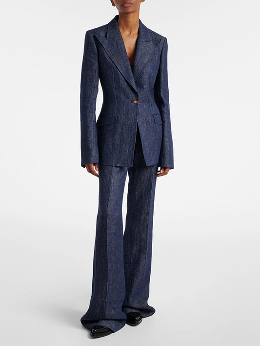 Notched lapel single button blazer with flare leg trousers on model