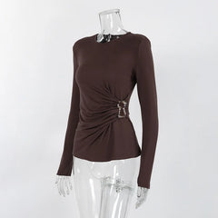 Ruched Metal Ring Detail Long Sleeve Top