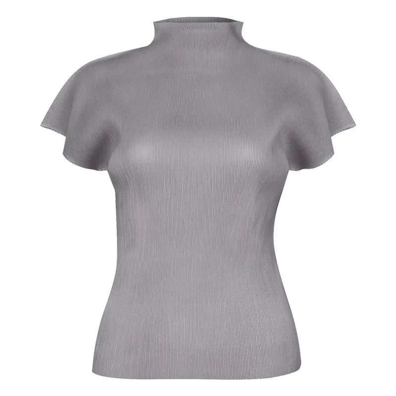 Gray ribbed turtleneck top on a white background