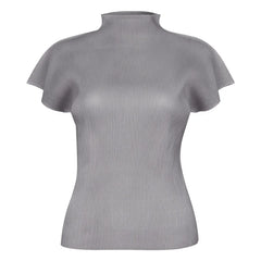 Gray ribbed turtleneck top on a white background