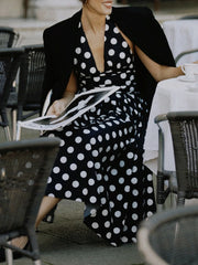 Polka Dot Halter Crop Top & High-Waist Midi Skirt Set