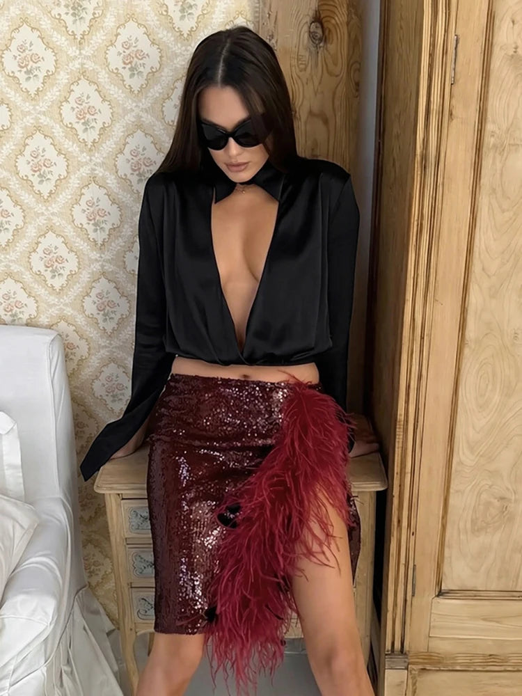 Satin V-neck draped long sleeve top