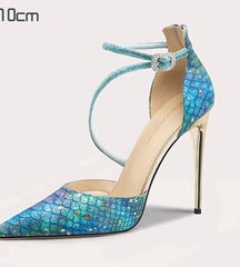 Blue Crystal Ankle-Strap Heels | Gold Stiletto Party Sandals