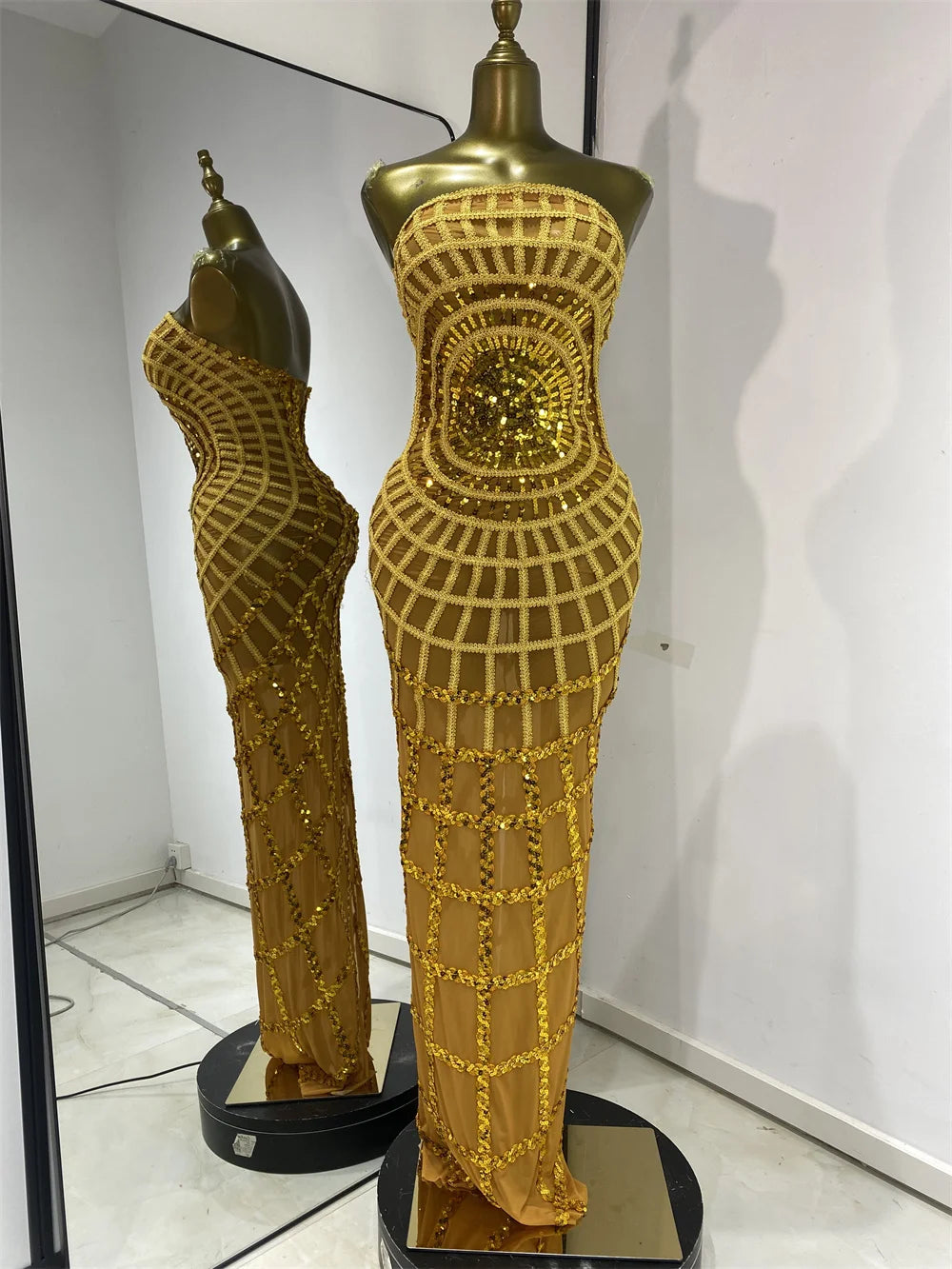 Gold sequined mesh strapless floor-length dress