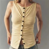 Yellow ruched button front sleeveless tank top