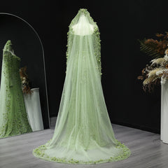 Light green floral embroidered veil on a dark background