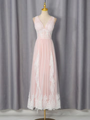 Pink Lace V-Neck Tulle Maxi Dress