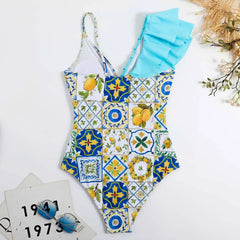 Tie-Strap V-Neck One-Piece Swimsuit with Matching Sarong Set