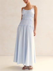 Spaghetti strap ruffle smocked bodice A-line maxi dress in light blue, side view