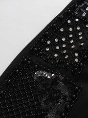 Rhinestone Sequin High Neck Padded Shoulder Mini Dress